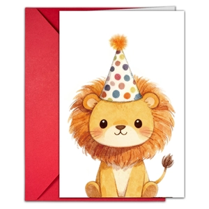 Detail of cute watercolor lion birthday card with vibrant red envelope and party hat