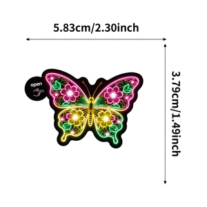 Detail showing colorful neon butterfly sticker with exact dimensions and easy-open tab