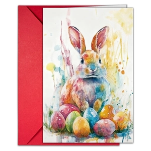 Detalle de tarjeta de Pascua en acuarela con diseño de conejo y sobre rojo festivo