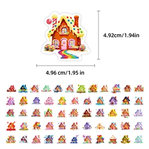 Detailed view of 56 candy house stickers with precise dimensions and colorful patterns