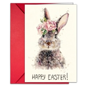 Detalle de tarjeta de Pascua con conejo acuarela en papel texturizado y sobre rojo