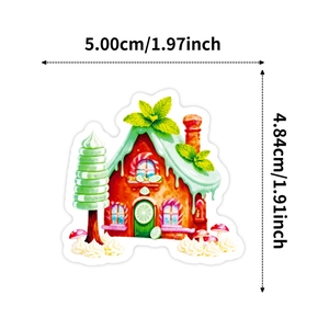 Detailed view of colorful candy house sticker with precise height and width measurements