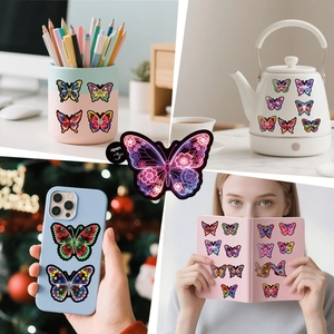 Detail showing vibrant neon butterfly stickers applied on various smooth daily surfaces
