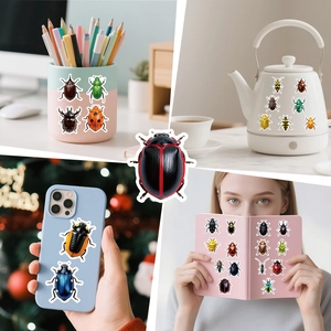 Realistic colorful beetle stickers applied on phone case, kettle, and notebook covers