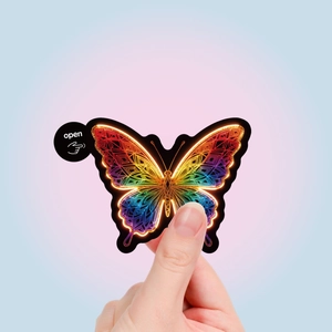 Close-up of a neon butterfly sticker with colorful geometric patterns and easy-peel handle