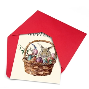 Tarjeta de Pascua en acuarela con conejo y huevos con sobre rojo decorativo