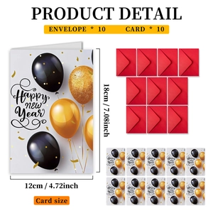 Détails de 10 cartes de Nouvel An noir et or avec enveloppes rouges et dimensions