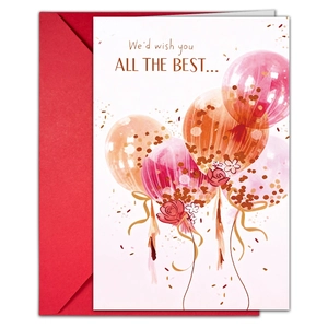 Detalle de una tarjeta de felicitación acuarela con globos rosas y rosas en sobre rojo