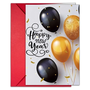 Coffret de cartes de Nouvel An noir et or avec enveloppe rouge et décorations festives chic