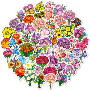 56 pieces of vibrant floral stickers featuring roses and sunflowers for DIY decoration