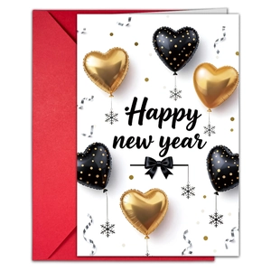 Détail de la carte de Nouvel An avec ballons cœur noir et or et enveloppe rouge