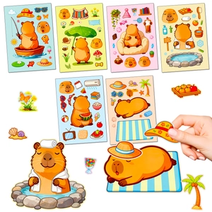 Set of 6 cute capybara stickers featuring various cartoon lifestyle and vacation scenes