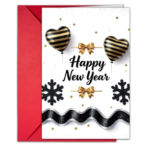 Détail de la carte Happy New Year avec ballon cœur noir et or et enveloppe rouge