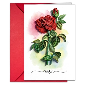Vista macro de rosa de filigrana de papel hecha a mano en este set de tarjetas rojas