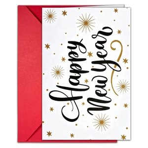 Détail de carte de Nouvel An avec motifs d'étoiles dorées et enveloppe rouge