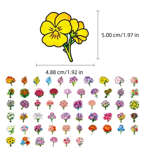 Detail view of 5cm vibrant floral bouquet stickers showing dimensions and various flower designs