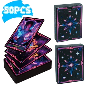 Juego de 50 cartas de tarot neón con diseño cósmico vibrante y caja de almacenamiento