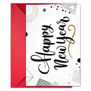 Détail de la carte Happy New Year avec lettrage noir et enveloppe rouge éclatante