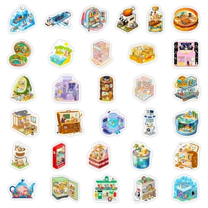 Set aus 30 isometrischen Miniaturzimmer-Aufklebern mit kreativen Cartoon-Szenen-Designs