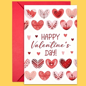 Detalle de tarjeta de San Valentín con corazones rosas y sobre rojo sobre amarillo