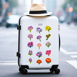 Floral bouquet stickers applied on a white suitcase for romantic travel decoration