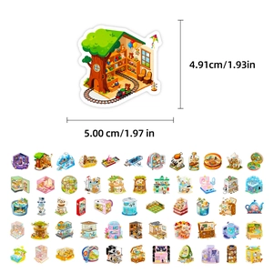 56 Stück 3D-Miniaturszenen-Aufkleber mit Cartoon-Puppenhäusern und Elfengläsern