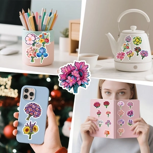 Colorful floral bouquet stickers shown as decorative accents on a phone case and stationery