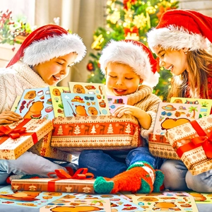 Children opening a Christmas gift box filled with cute capybara cartoon sticker sets