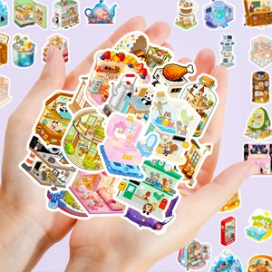 Detailansicht verschiedener 3D-Miniaturszenen-Sticker für DIY-Scrapbooking-Dekor