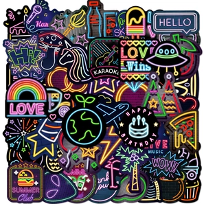 Bunte Neon-Graffiti-Aufkleber mit Essen, Weltraum und Musik für DIY-Dekorationen