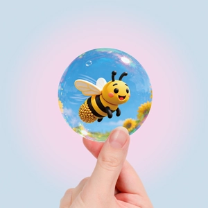 Detail van 3D bijensticker in een kristallen bol met decoratieve bloemmotieven