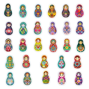 Colorful Russian Matryoshka doll stickers set with 28 unique traditional folk art patterns