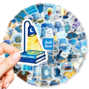 56Pcs Blue Book Lover Stickers for Journaling featuring stacked books and moon lamp