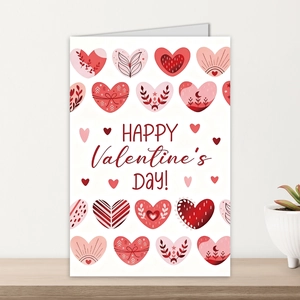 Primer plano de tarjeta de San Valentín con corazones sobre mesa de madera