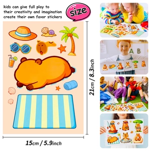 6-pack cute capybara DIY sticker sheets for kids showing summer beach vacation scenes