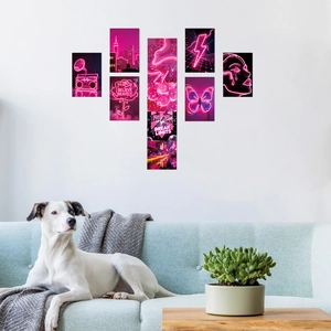 Set of 10 pink neon wall art posters for bedroom decor with modern collage design