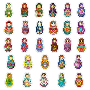 Colorful Russian Matryoshka doll stickers with ethnic floral patterns on white background