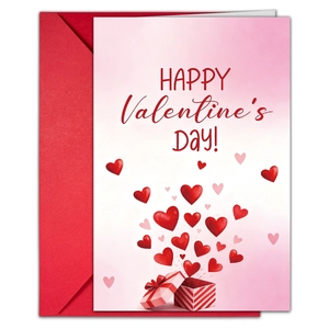 Detalle de tarjeta de San Valentín con diseño de caja de regalo de corazones y sobre rojo