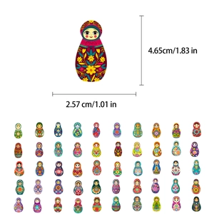 Detailed size specifications and overview of 50 colorful Russian doll cartoon stickers