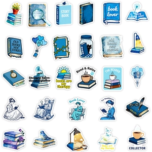 56Pcs Blue Reading Stickers Set featuring watercolor books and cats for journaling