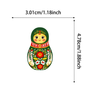Detailed size map of green Russian nesting doll sticker with folk flower patterns