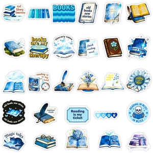 56Pcs vintage blue reading stickers featuring books, quill pens, and floral motifs