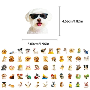 Detail view of 50 anthropomorphic pet stickers with dimensions shown on white background