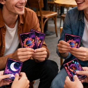 Primer plano de amigos jugando con cartas de tarot neón y patrones de estrellas en una fiesta