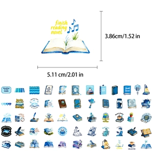 Blue watercolor book theme stickers set for scrapbooking showing detailed dimensions and patterns