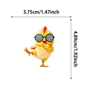 Detail view of cartoon chicken sticker with dimensions 3.75cm width and 4.89cm height