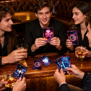 Grupo de amigos jugando cartas de tarot neón con diseños modernos en una fiesta social