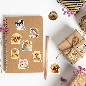 Detail of cute animal stickers with sunglasses on notebook and craft gift box