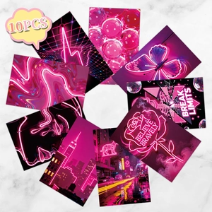 Detail view of 10-piece pink neon wall decor set with cyberpunk poster designs