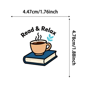Detail of Read & Relax book sticker with dimensions 4.78cm height and 4.47cm width